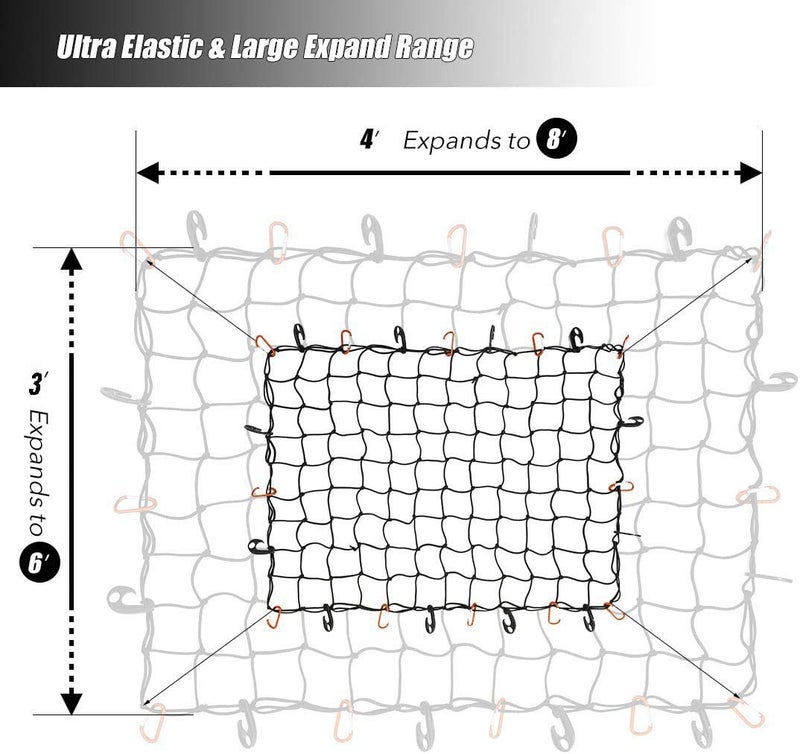 Bungee Cargo Net 3x4Ft Truck Bed Net Stretches to 6x8Ft for Pickup Trailer RV SUV Boat |3x3Inch Mesh Net Holds Small and Large|12 Tangle Free Carabiners & 12 Plastic Hooks|Super Duty